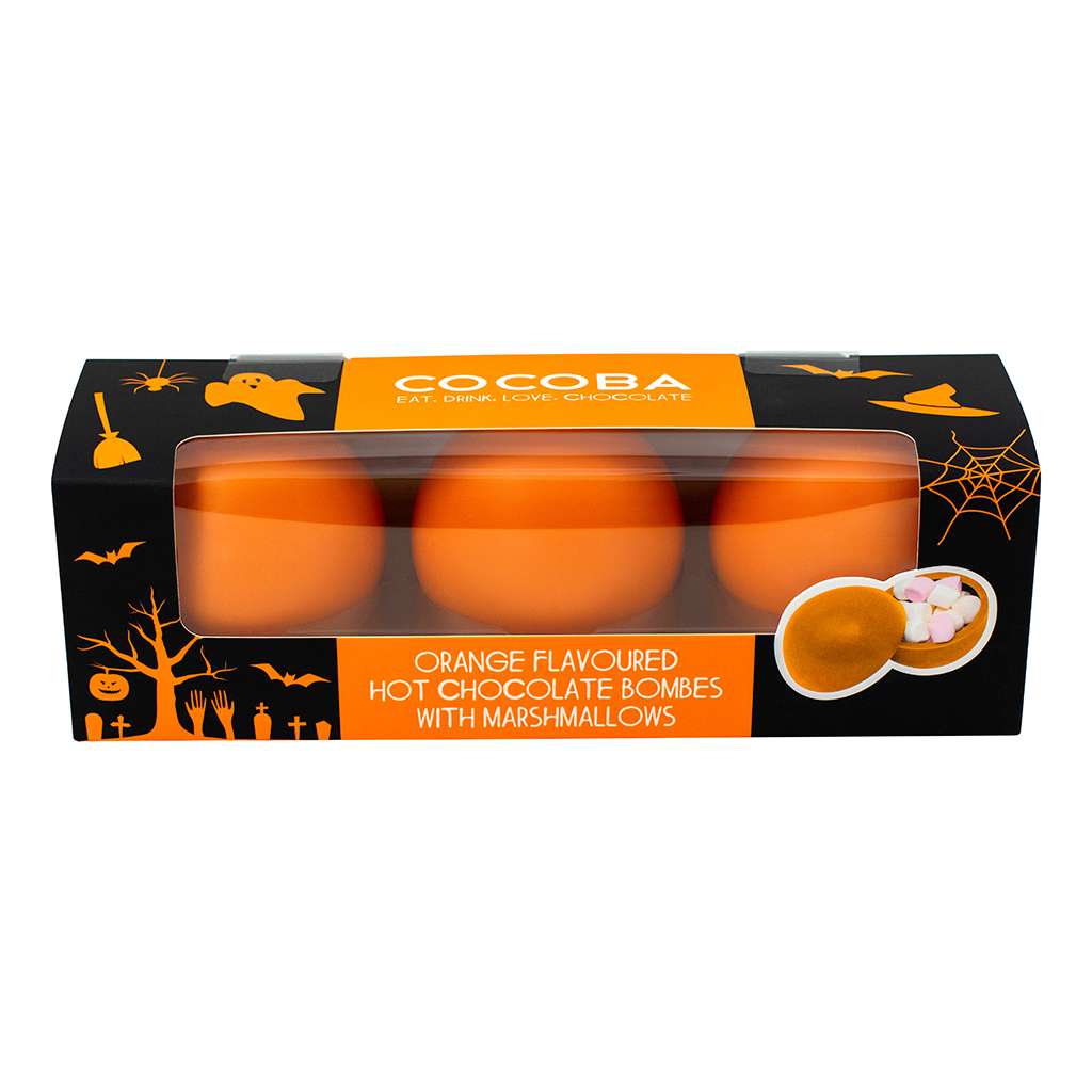 Halloween Orange Hot Chocolate Bombes with Marshmallows (3 Bombes)